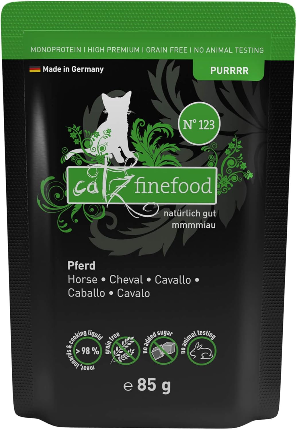 Detalle de catz finefood Purrrr Pferd Monoprotein Katzenfutter Nass N° 123 – 70% Pferdefleisch, 16 x 85 g Beutel