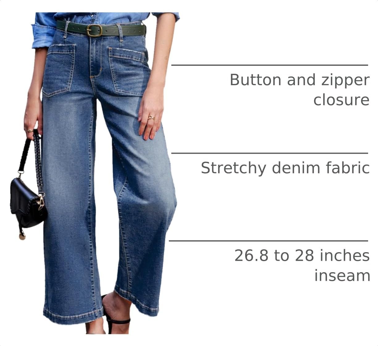 Detalle 2 de Sidefeel Women's Wide-Leg Jeans, High-Waisted Stretch Denim with Distressed Details