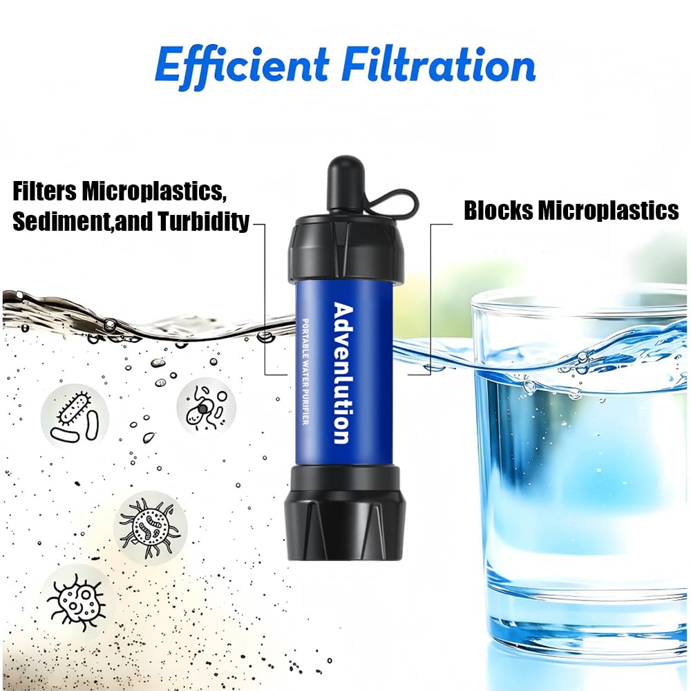 Detalle de Advenlution 2-Pack Water Filter Straw 0.01 Micron — Personal Survival Filtration for Camping and Hiking