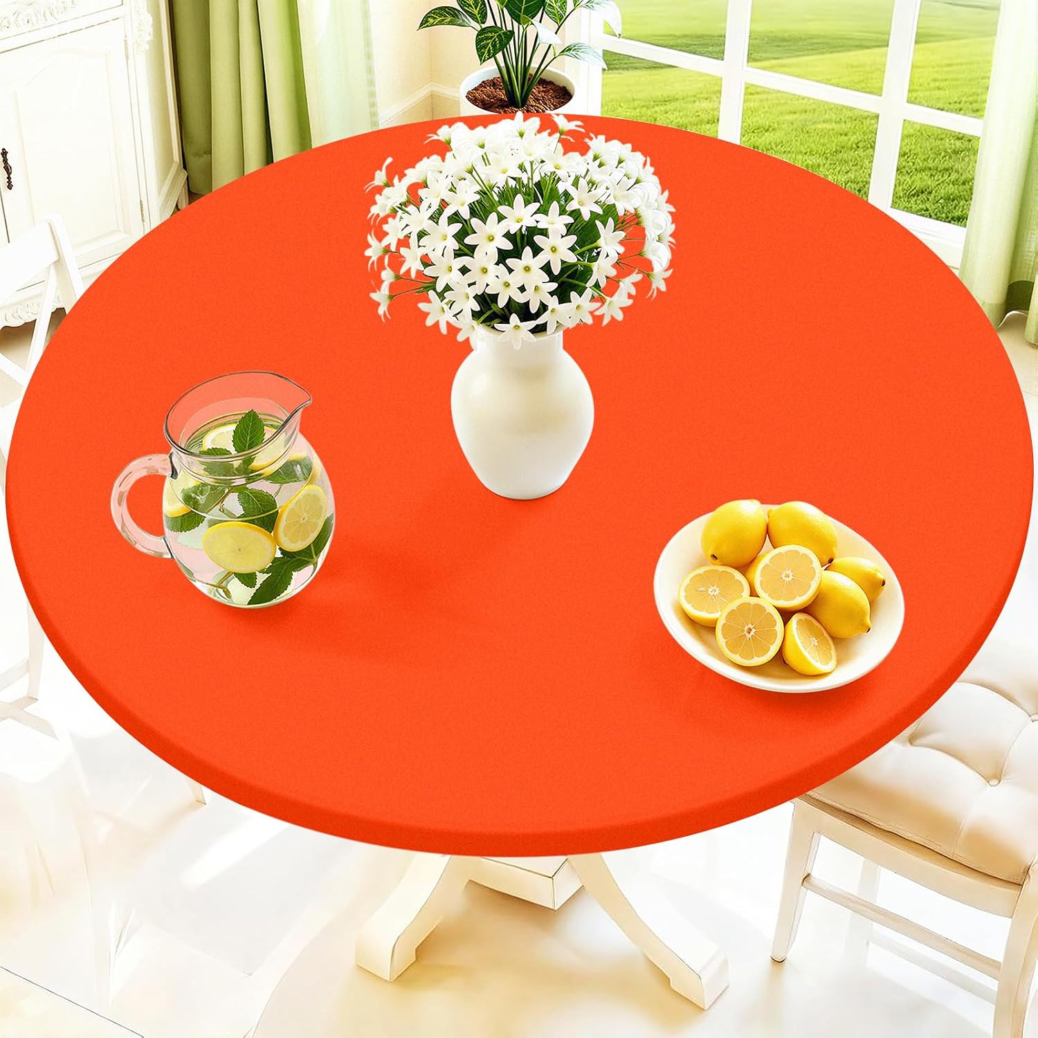 Detalle de Moosfor Round Spandex Tablecloth: Elastic, Waterproof Fitted Cover for 31–35 inch Tables (Orange)