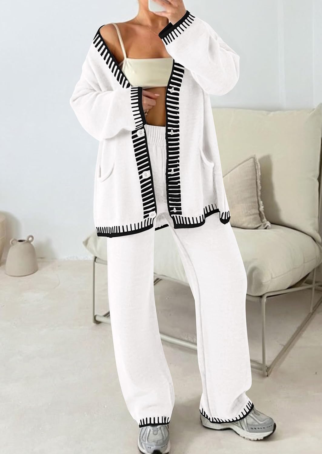 Detalle de PRETTYGARDEN Women’s Lounge Set (2-Piece) with Cardigan Sweater & Wide-Leg Pants
