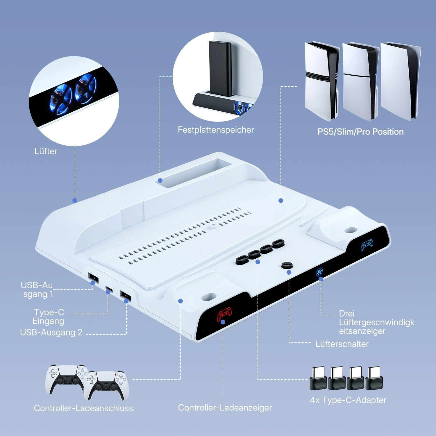 Detalle de Wigearss PS5/PS5 Slim/PS5 Pro Kühlstandfuß mit Dual Controller Ladegerät – Lade- und Kühlstation