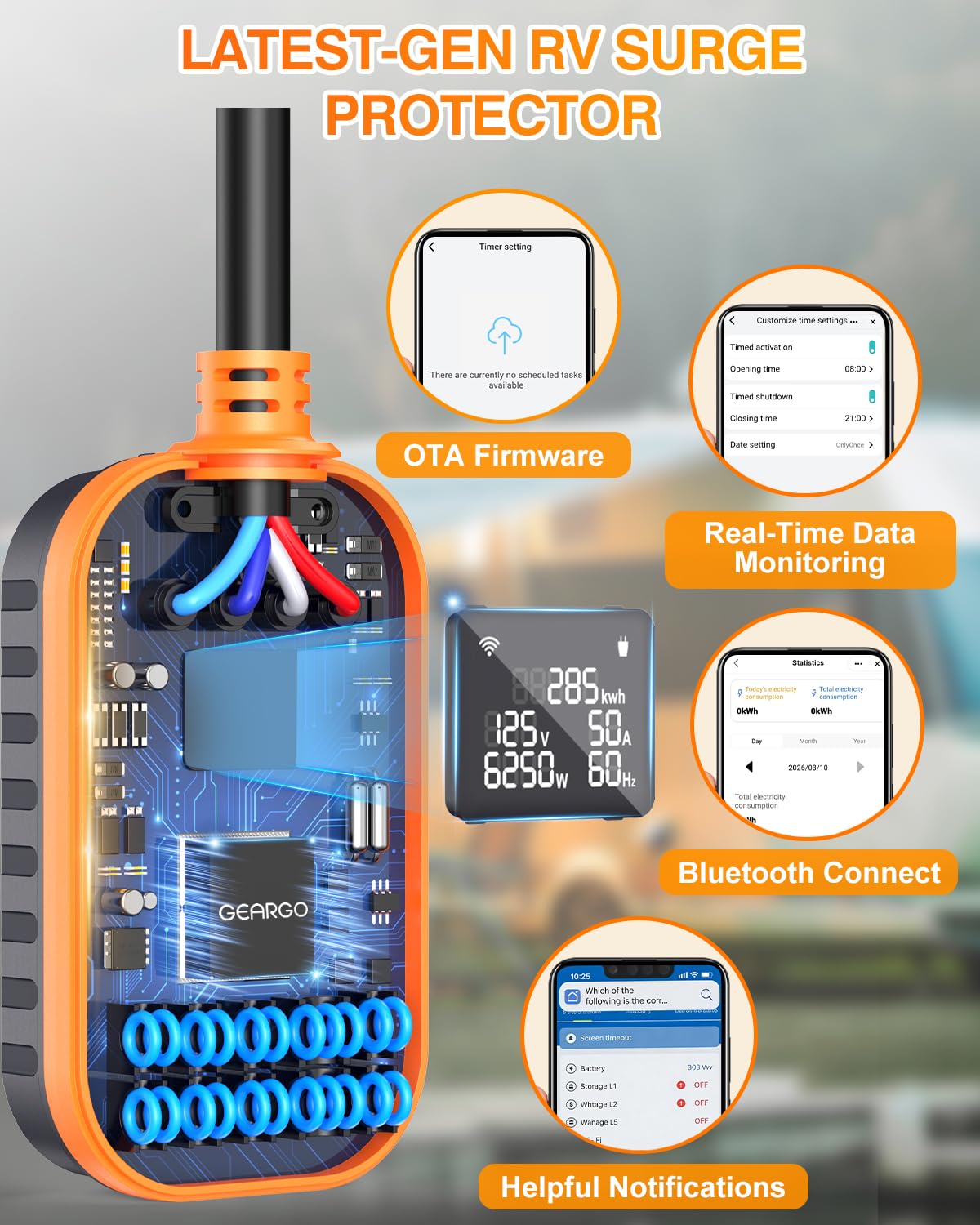 Detalle de GEARGO First 50 Amp RV Surge Protector with App Control & Smart LED Display