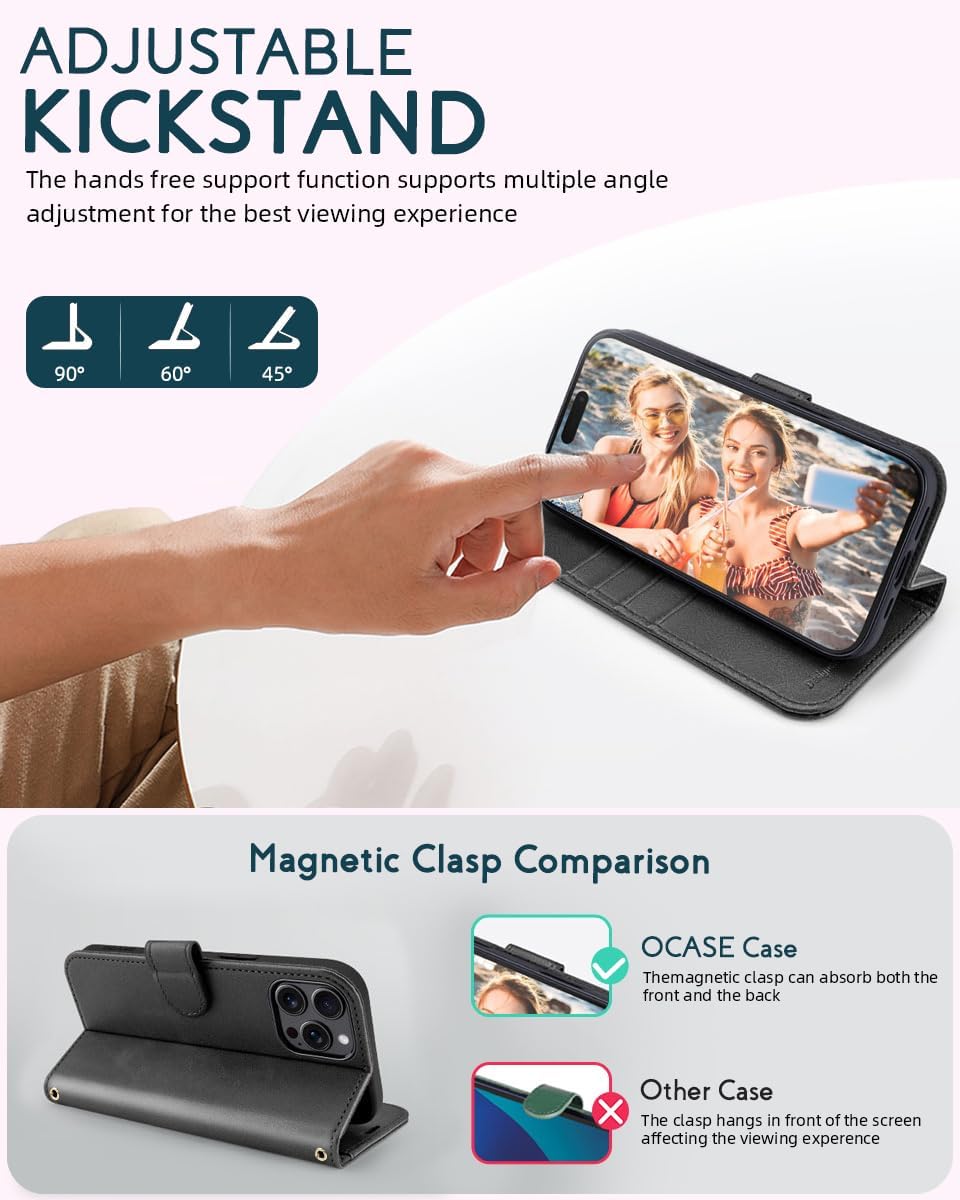 Thumbnail 4 de OCASE iPhone 16 Pro Max Hülle mit Handykette – Leder, RFID-Schutz und Kickstand