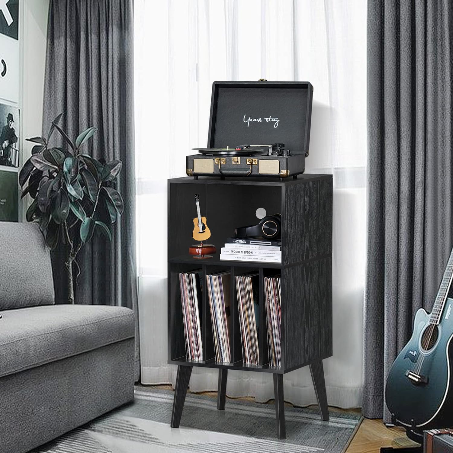 Detalle de Lerliuo Record Player Stand, Black – Mid-Century Vinyl Storage with Solid Wood Legs (Holds 160 Albums)