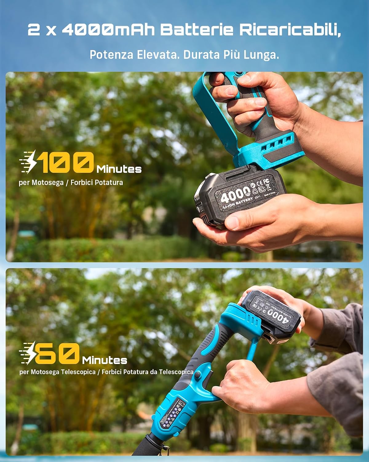 Detalle de SEESII P6 Combo 6 Pollici: Motosega a Batteria Telescopica + Forbici Potatura 33 mm + 2 Batterie 4000 mAh
