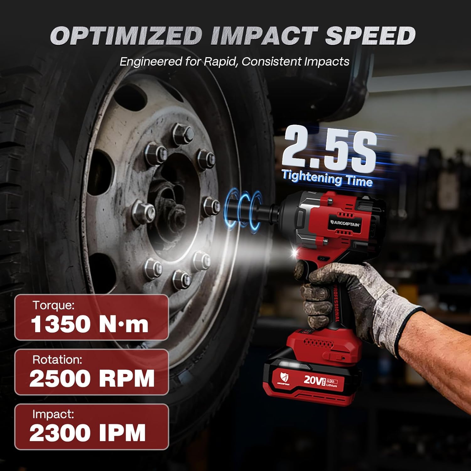 Detalle 2 de ARCCAPTAIN Cordless Impact Wrench, 1500 N·m, 1/2-Inch Drive, 2 Batteries