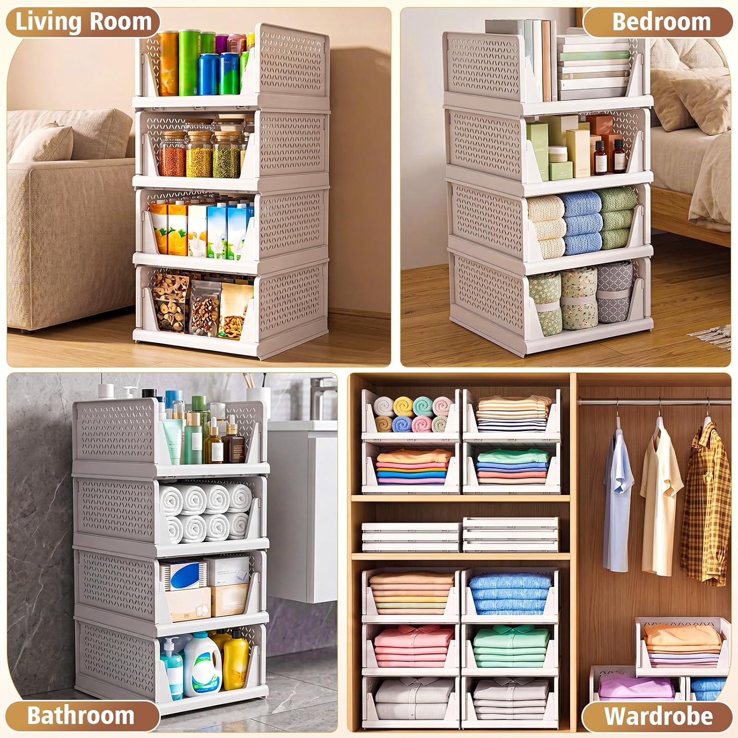 Detalle 2 de NestOrganix 1 Stackable Closet Organizers, 4-Pack Foldable White Bins