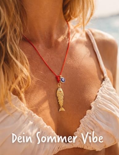 Thumbnail 1 de Happymaker Collana estiva da donna con nastro rosso e ciondolo pesce + occhio portafortuna