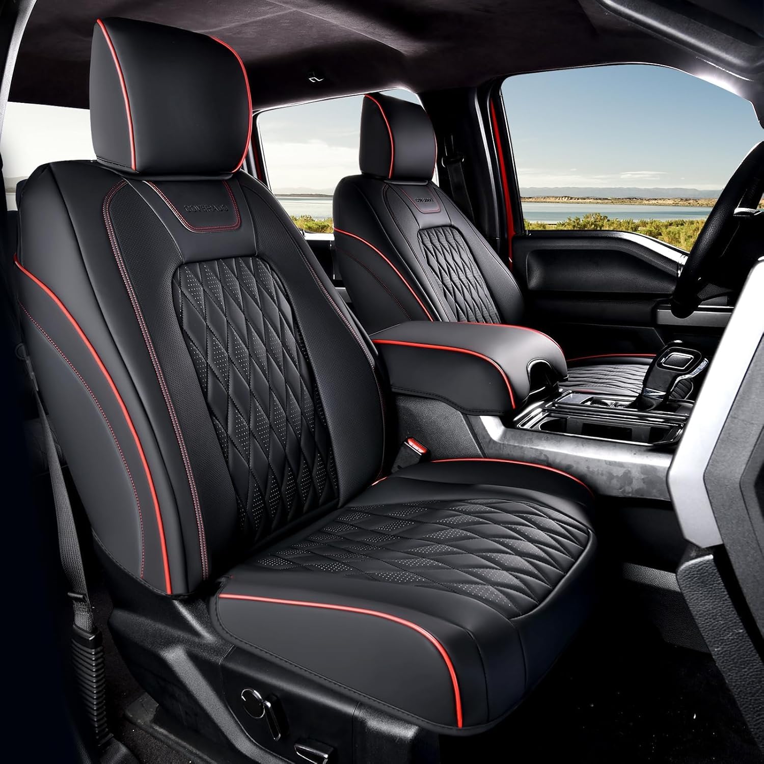 Detalle 2 de Coverado Leather Seat Covers Full Set for Ford F-150 F-250 F-350 F-450 (Black) — Crew Cab Only, Waterproof, Heated/Cooled Compatible