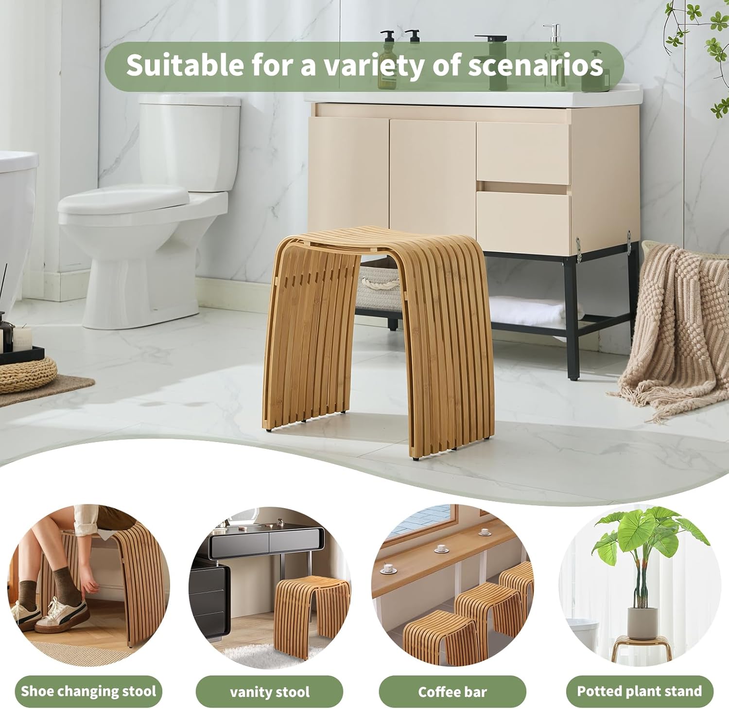 Thumbnail 3 de Bamboo Shower Bench: Non-Slip, Waterproof Bath Stool with 450 lb Capacity