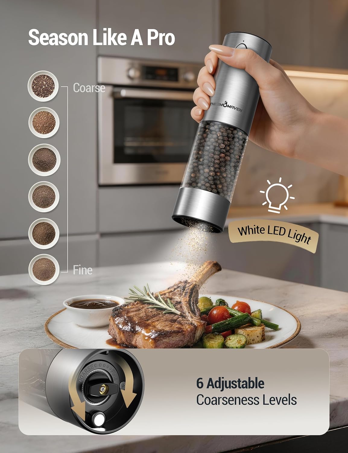 Detalle de ThermoMaven Electric Salt & Pepper Grinder Set (110ml) – Large Capacity, Rechargeable, LED