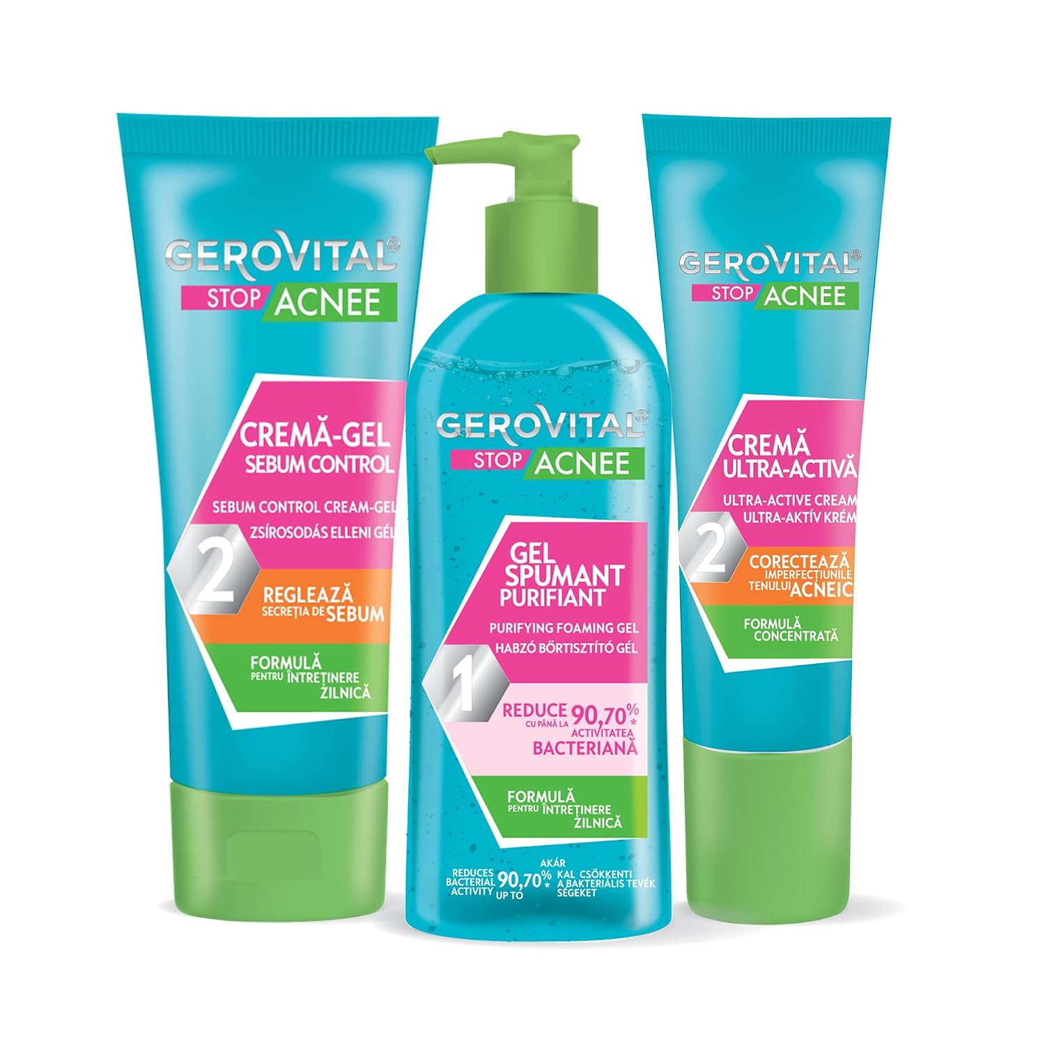 Detalle de GEROVITAL Stop Acnee Pflegeset für unreine Haut (Reinigungsgel, Sebum-Control Gel-Creme, Ultra-Aktiv Pflege)