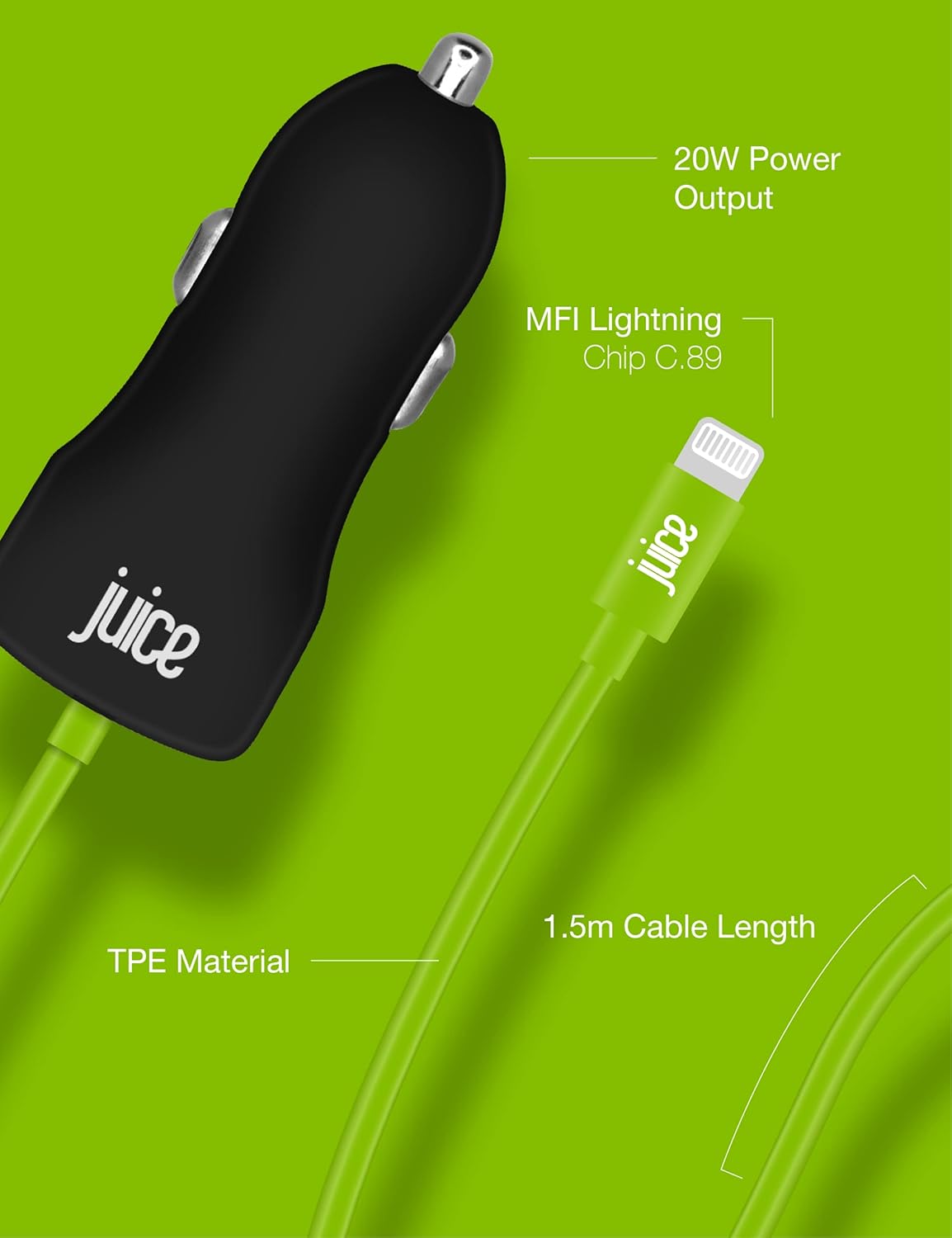 Detalle 2 de Juice 20W Integrated Lightning Car Charger with MFI certification (1.5m cable) for iPhone & iPad
