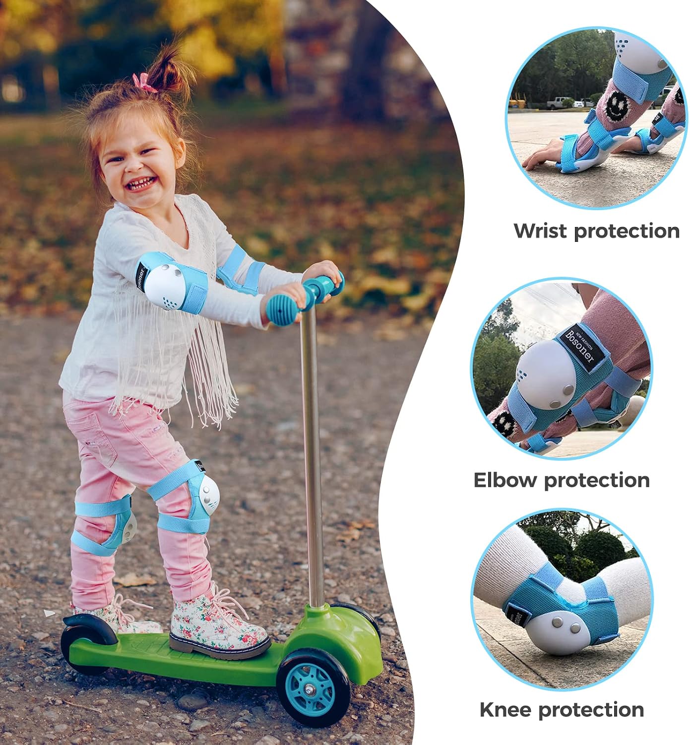 Detalle de BOSONER Kids/Youth Knee Pad & Elbow Pad Set for Roller Skates, BMX, Skateboard, and More