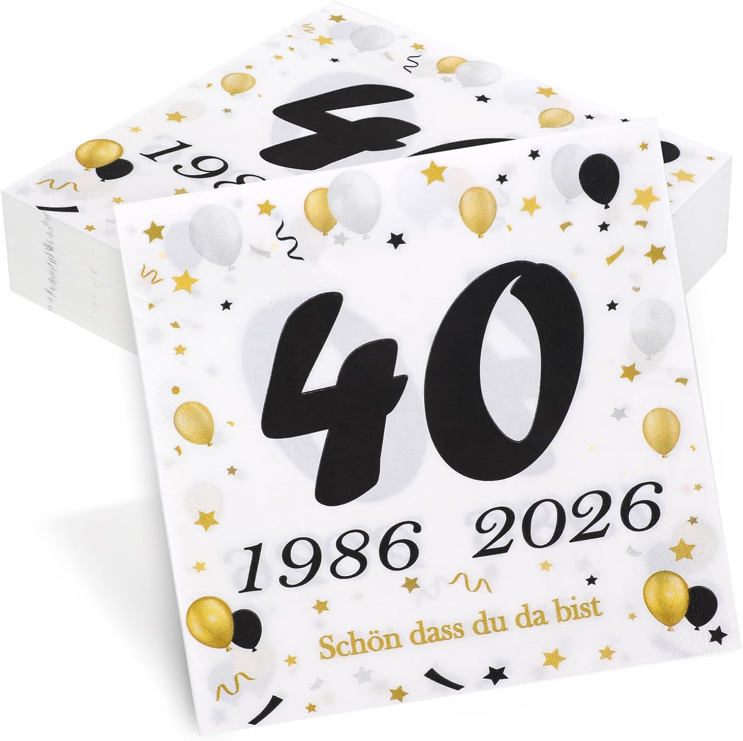 50 Stück Servietten zum 40. Geburtstag in Schwarz-Gold (1986–2026) mit „Schön dass du da bist“