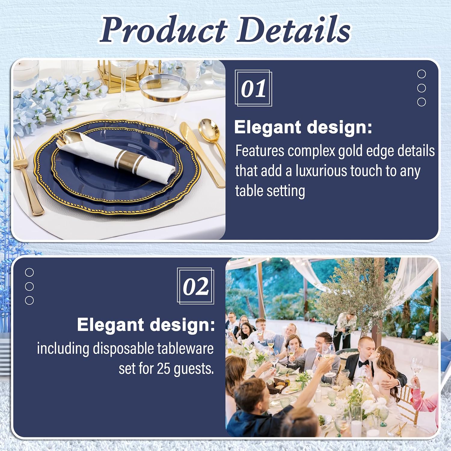 Detalle de Hioasis 350pcs Blue and Gold Plastic Plates Set for Weddings and Events
