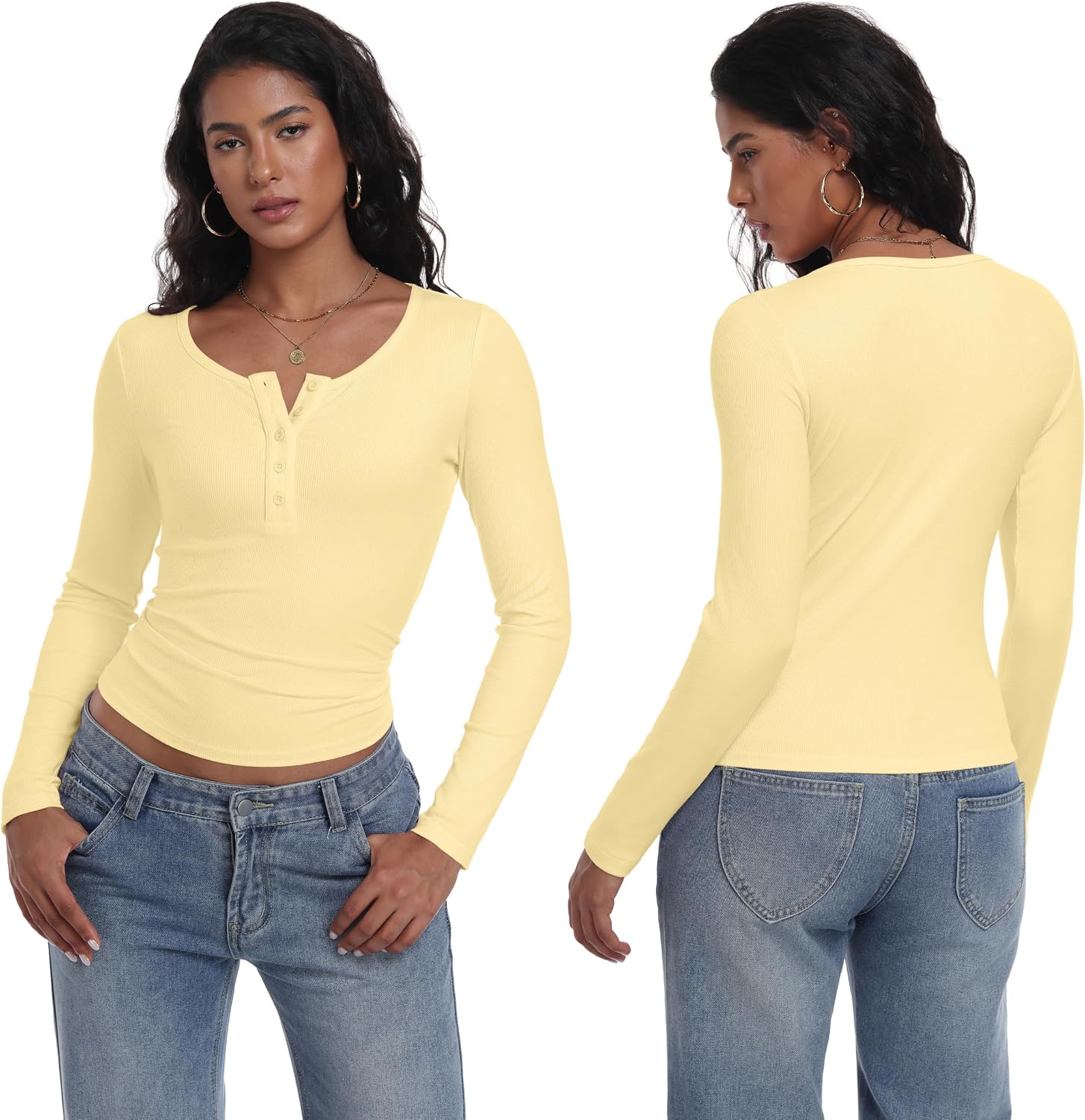 Detalle de Qixing Women's Ribbed Long-Sleeve Henley Top, Slim Fit, Soft Stretch