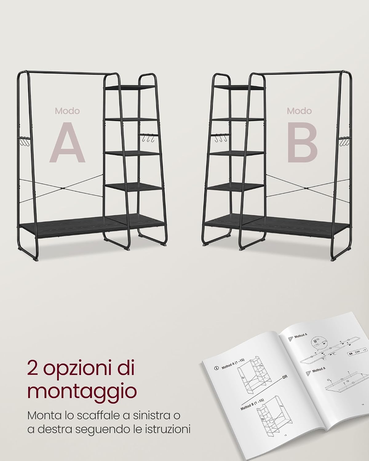 Thumbnail 4 de VASAGLE Stand Appendiabiti RGR116B02: appendiabiti a colonna con scarpiera e 5 ripiani in stile industriale, nero ebano/nero opaco