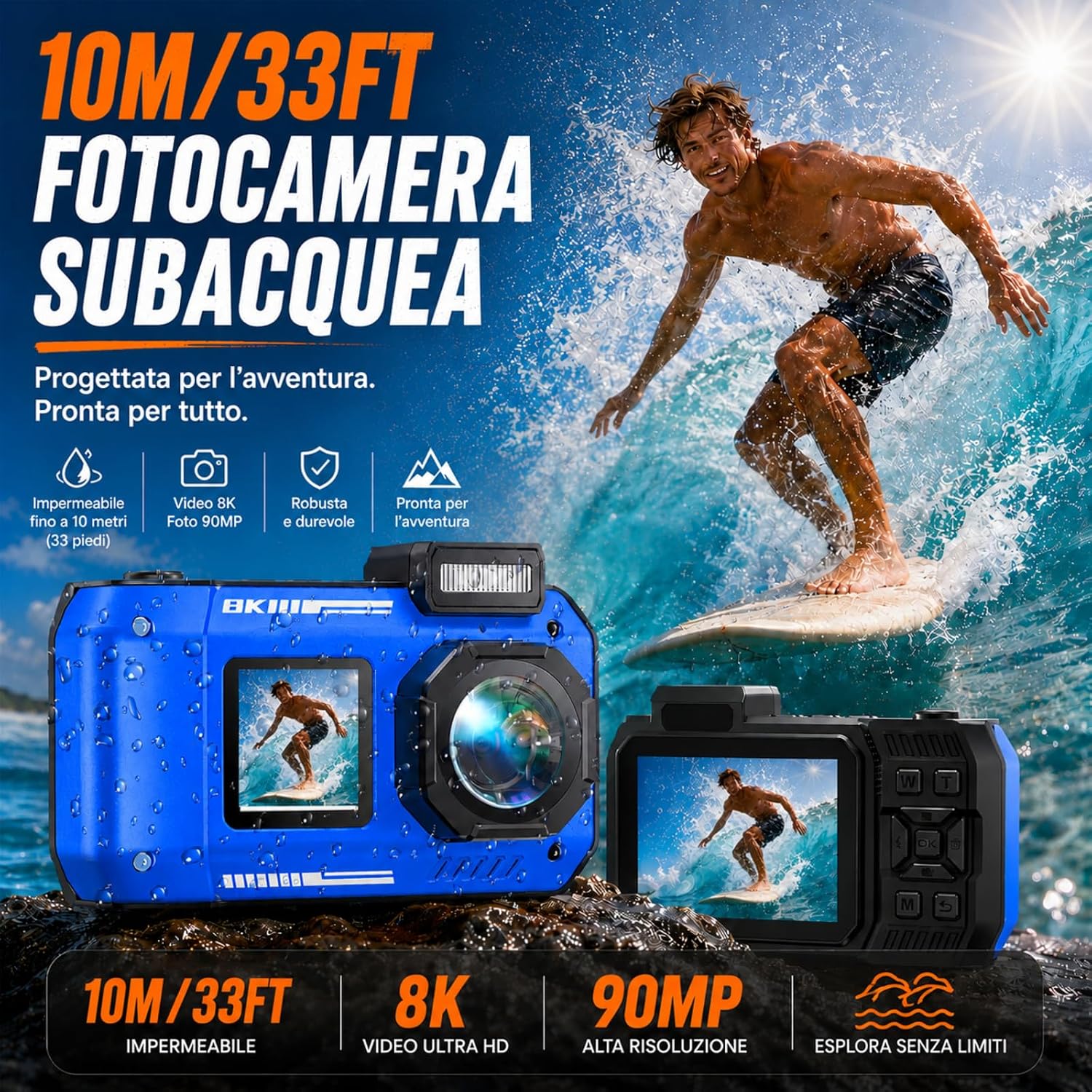 Thumbnail 1 de MaxMango D50 33FT Fotocamera Subacquea: 8K e 70MP con Doppio Schermo, 16GB