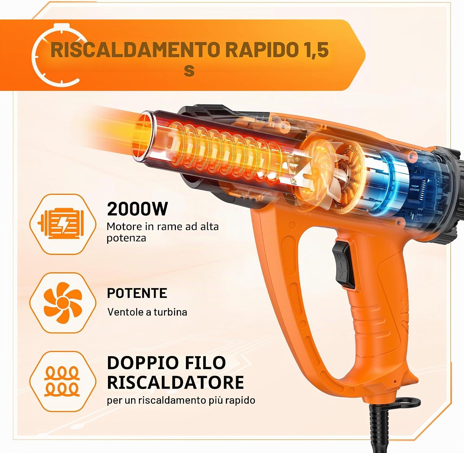 Thumbnail 2 de Pistola Termica SEEKONE 2000W: aria calda professionale 60–600°C con 7 accessori