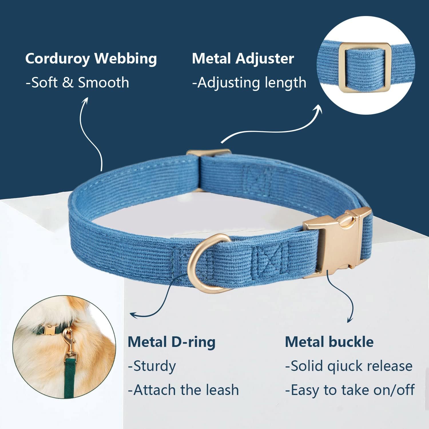 Thumbnail 3 de Petiry Soft Dog Collar with Safety Metal Buckle – Adjustable Corduroy Collar for Large Dogs (Blue, 40–66 cm)