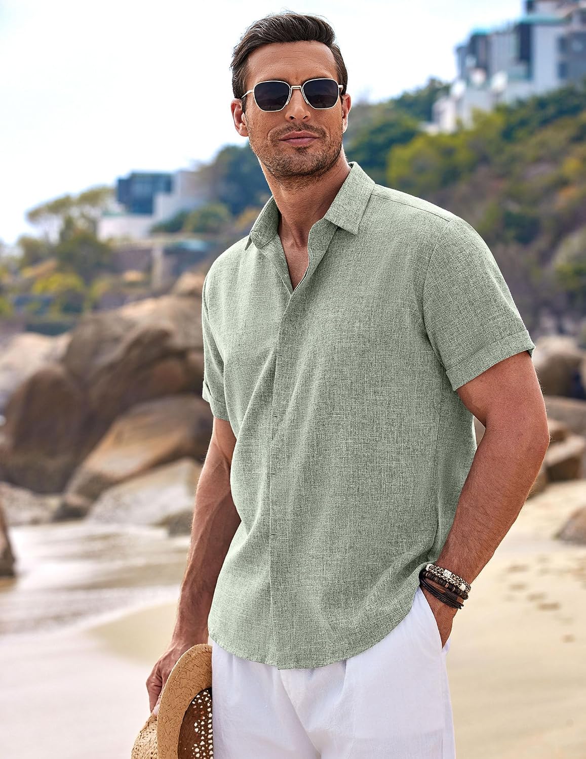 Detalle de COOFANDY Men's Linen Shirt Short Sleeve – Light Green, XL