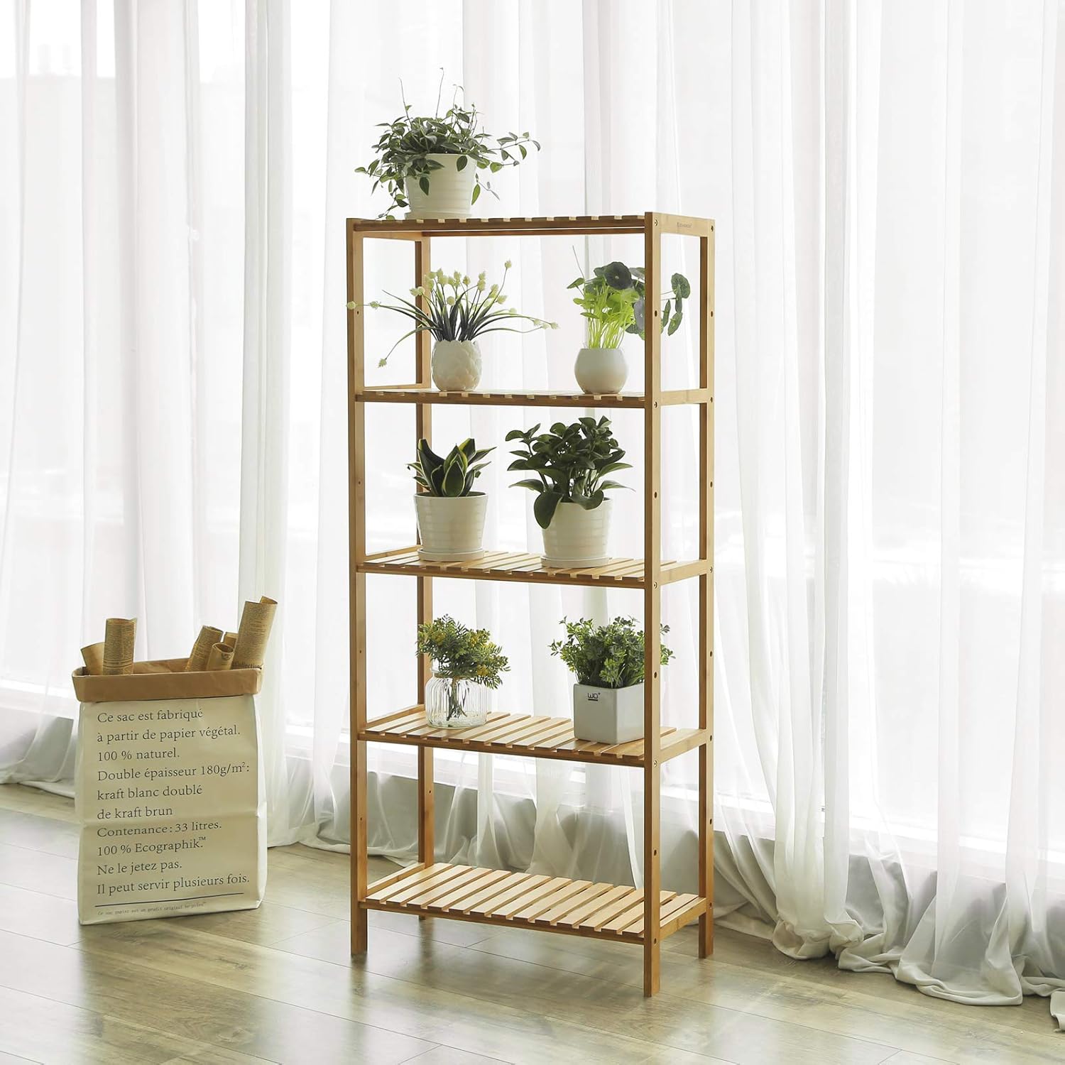 Detalle de SONGMICS BCB35Y Bamboo 5-Shelf Floor Storage Rack — Adjustable Heights in Natural Finish