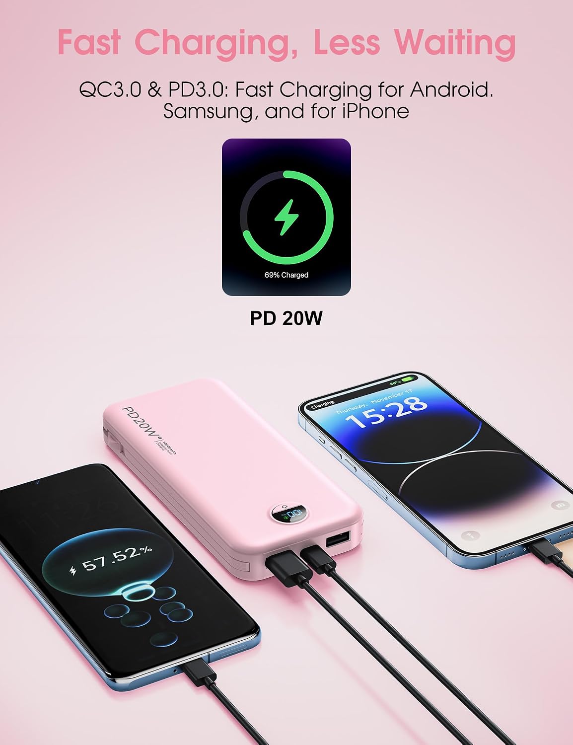 Thumbnail 4 de citicr AC-02D 10,000mAh Portable Charger, PD 20W, Built-In Plug, Fairy Pink
