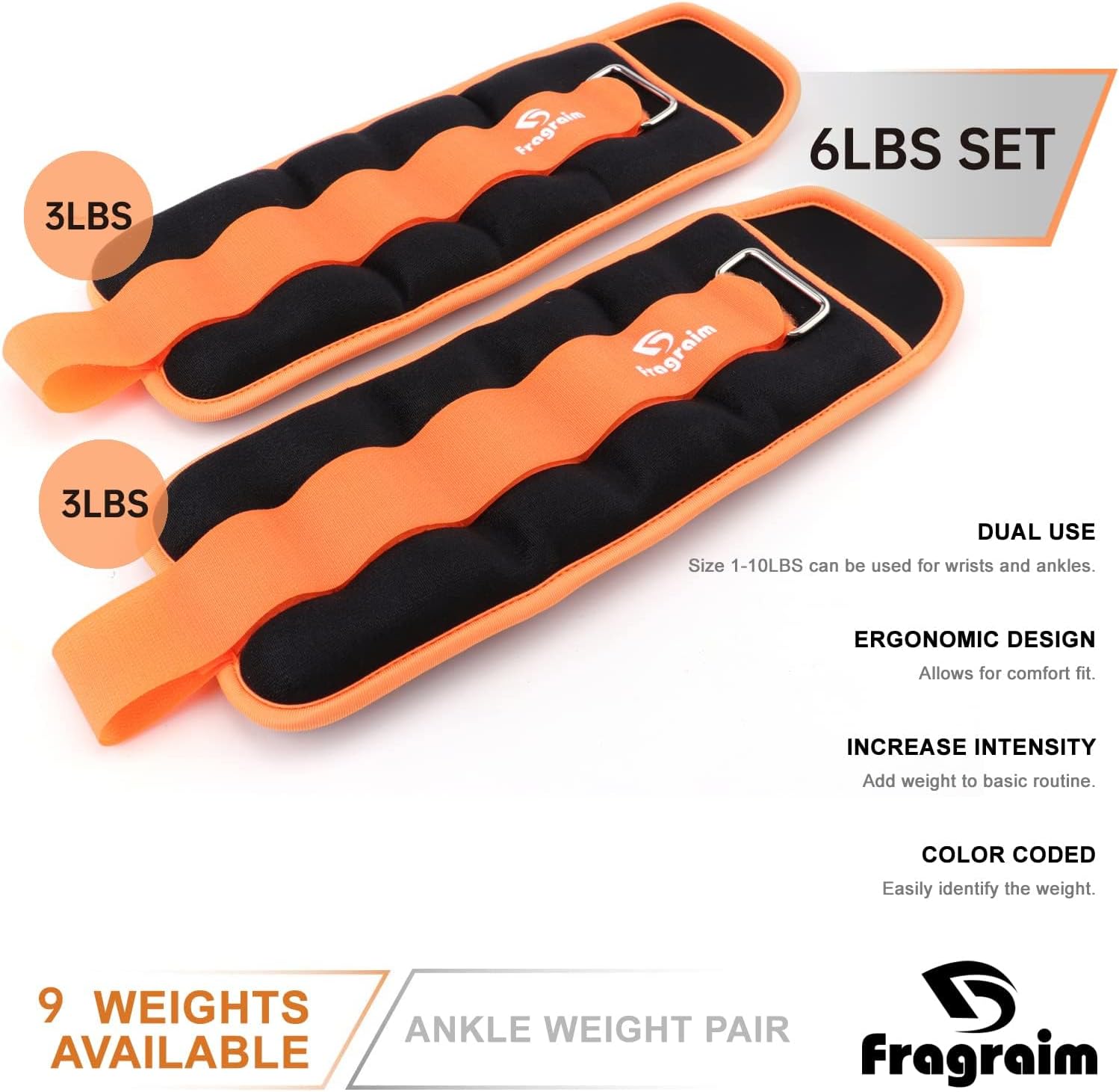 Detalle de Fragraim FSAW01orange6lb Ankle Weights, 6 lb Pair, Adjustable Hook-and-Loop