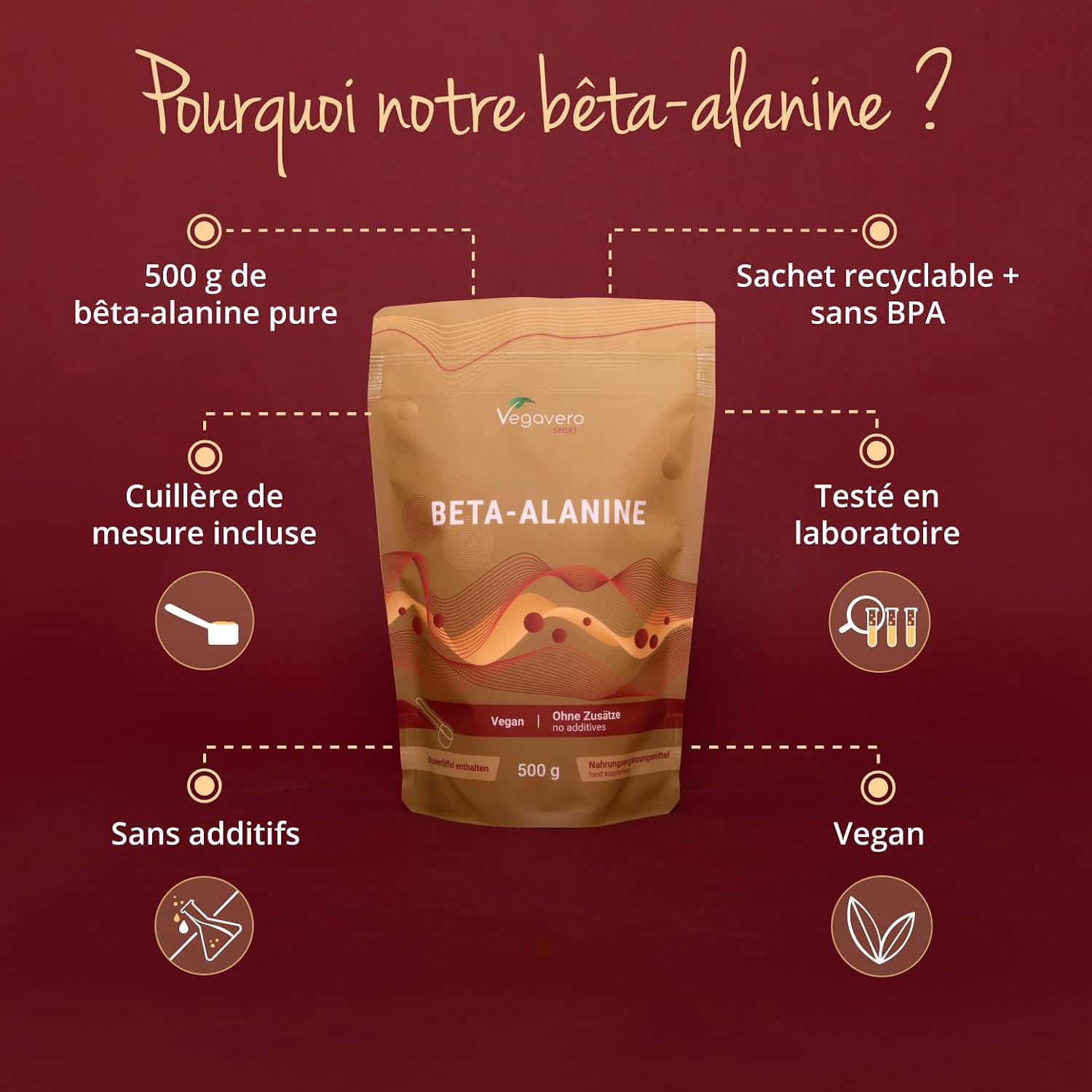 Detalle de Vegavero Bêta-alanine 500 g poudre pré-entraînement vegan 💊