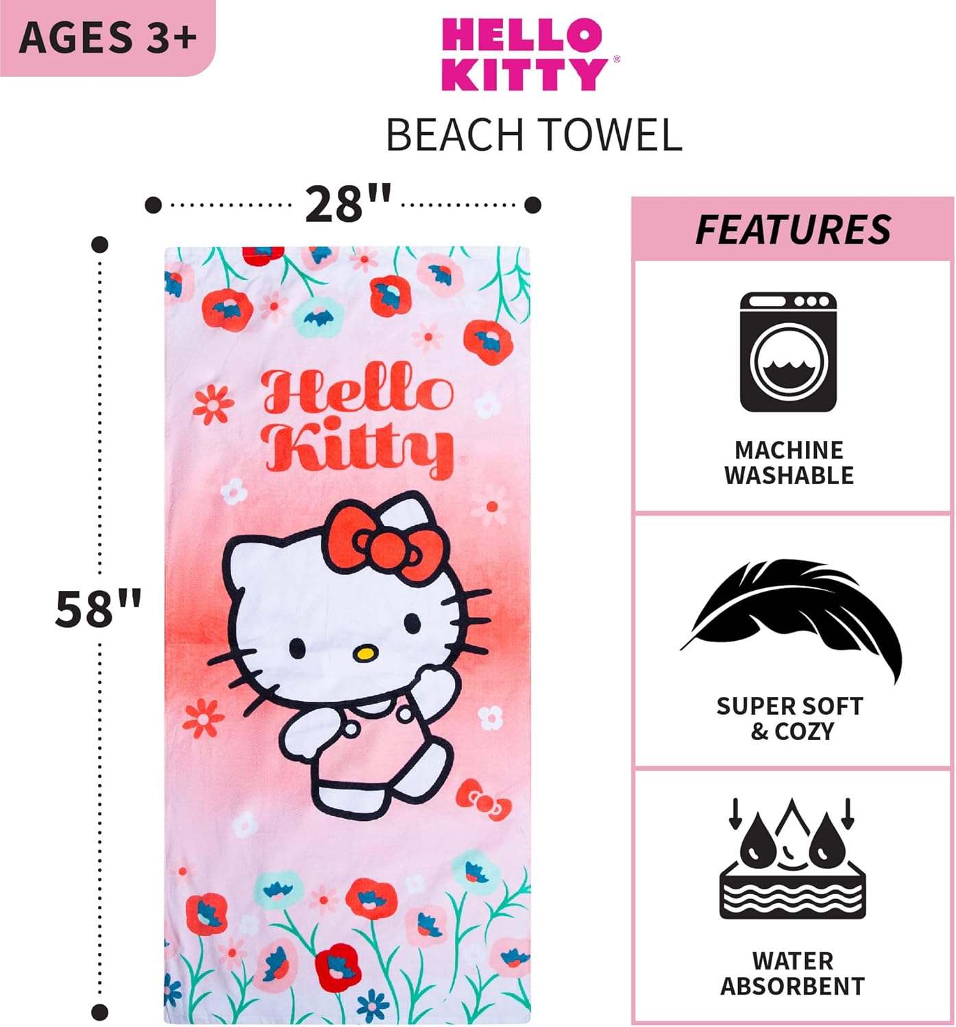 Detalle de Franco Kids Super Soft Cotton Beach Towel, Hello Kitty 58" x 28