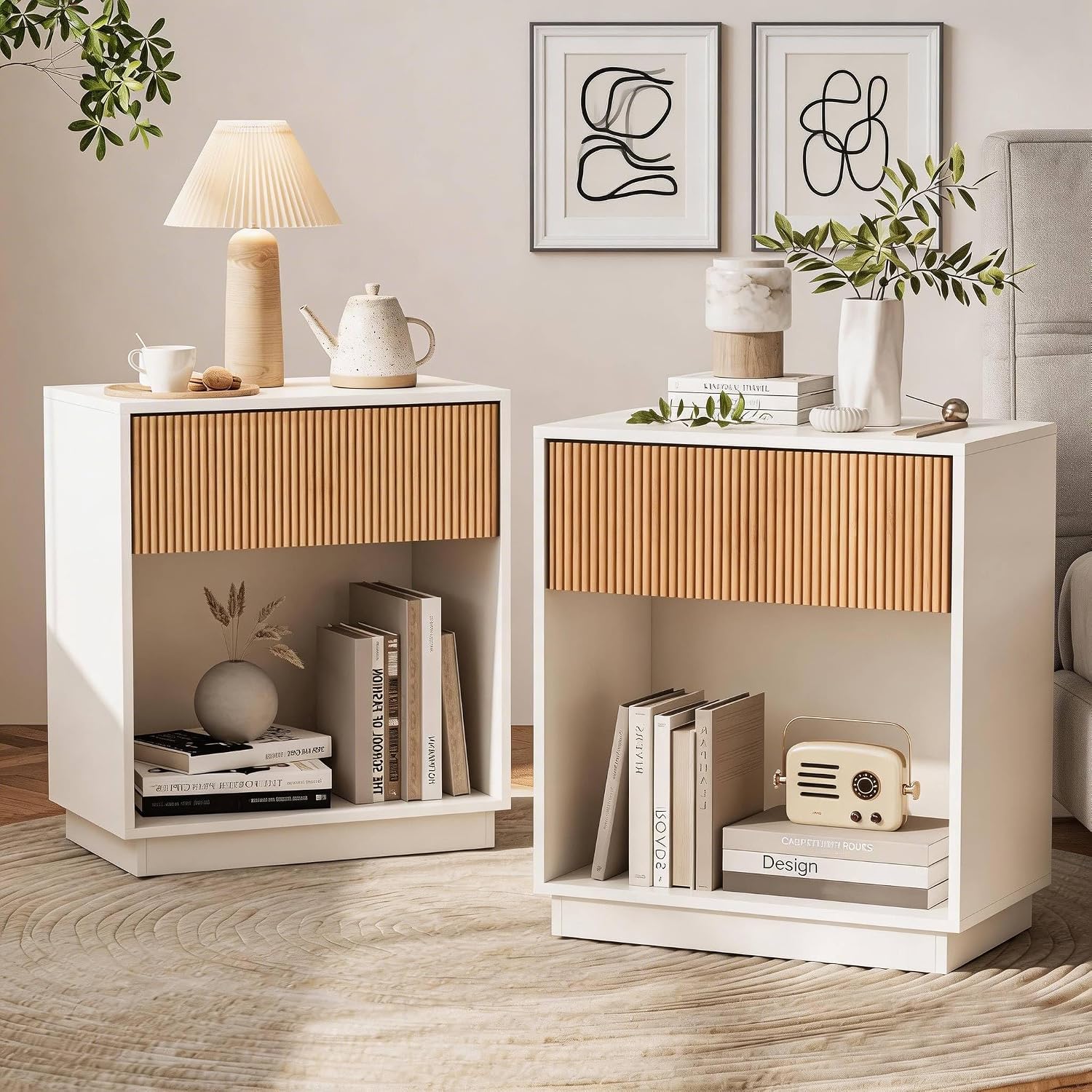 Detalle de Fluted Nightstand Set, White Oak