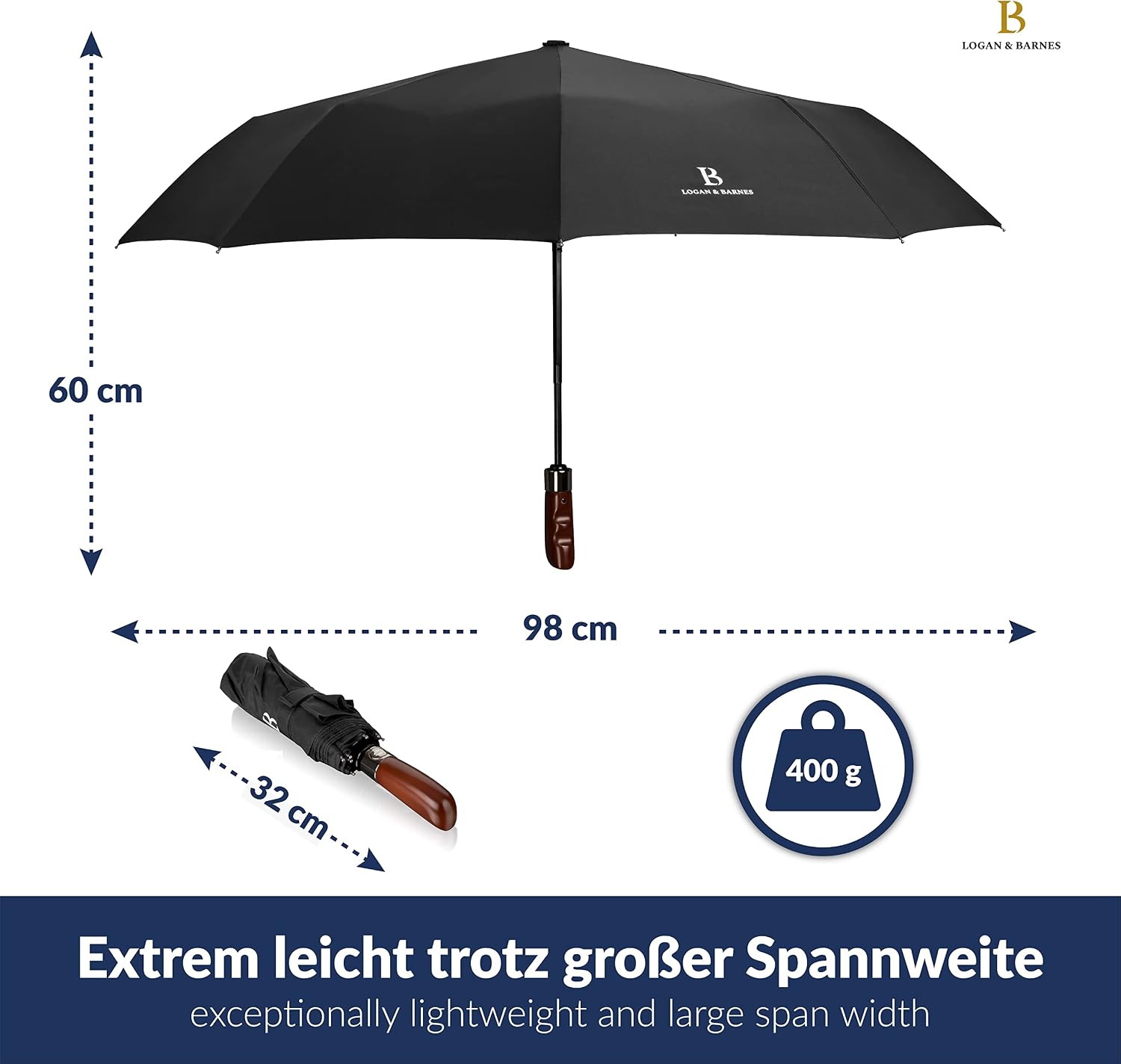 Thumbnail 1 de LOGAN & BARNES Regenschirm Dublin – sturmfest bis 140 km/h, Auf-Zu-Automatik, Taschenschirm mit Holzgriff