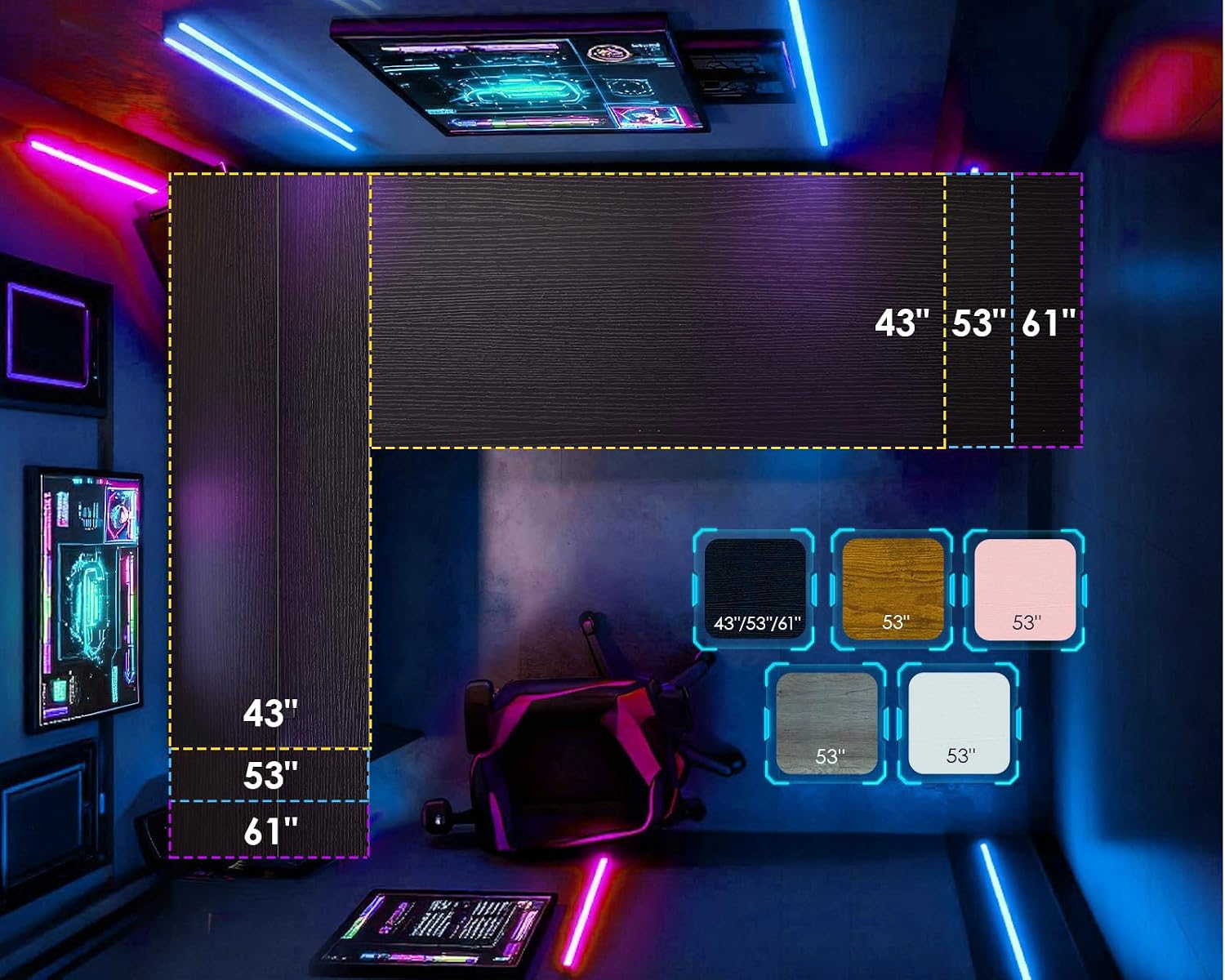 Thumbnail 6 de AODK 43-Inch Reversible L-Shaped Gaming Desk with LED Lights and Power Outlet