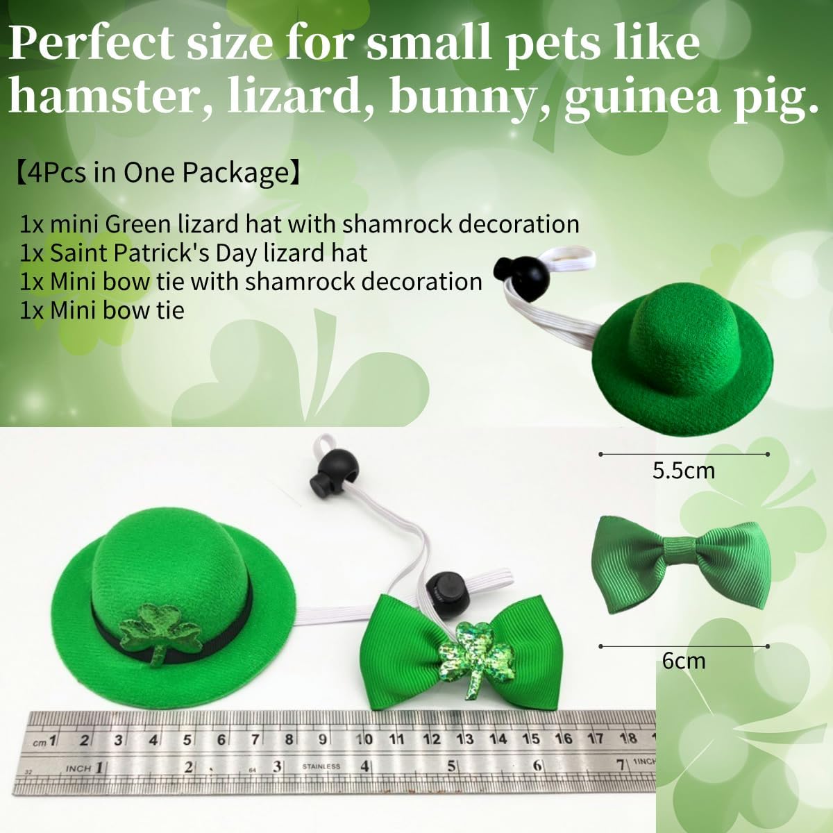 Thumbnail 2 de St Patrick’s Day small animal costume set (4pcs, green) with adjustable collar, bow tie & hats for guinea pig, rabbit, hamster and more (XS – 4pcs green set)