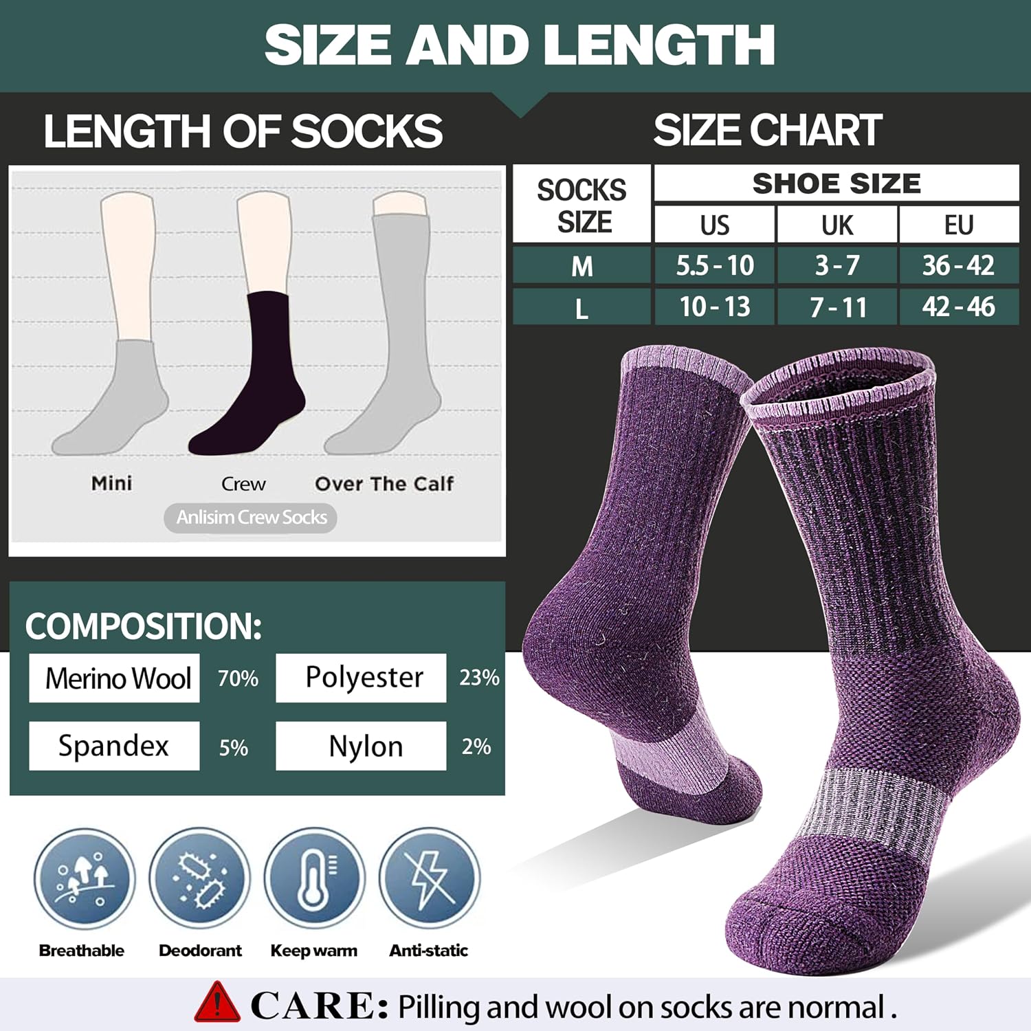Detalle de Anlisim Merino Wool Crew Socks for Women, Hiking & Running, 5 Pairs