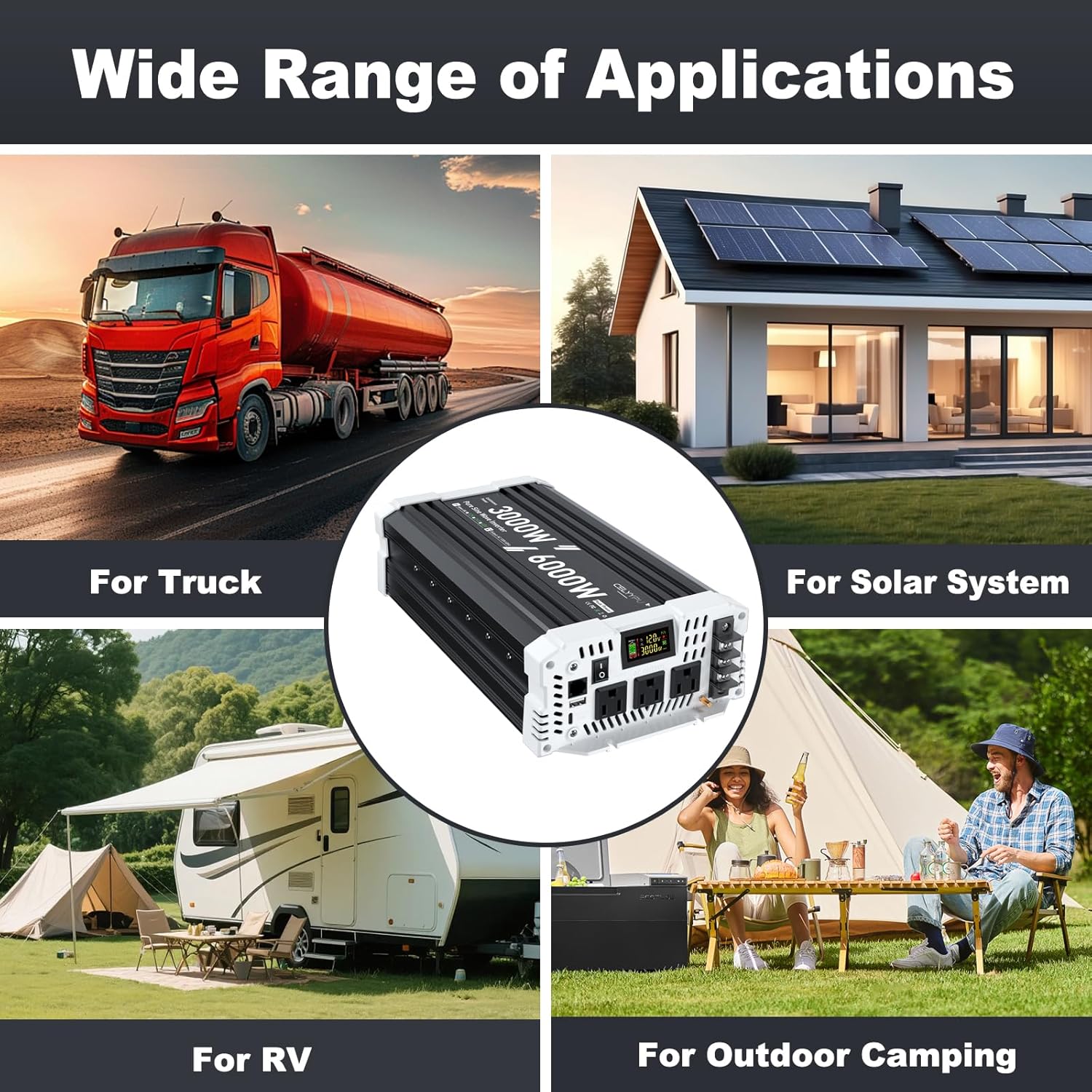 Thumbnail 5 de 3000W Pure Sine Wave Inverter: 12V DC to 110V AC with Dual LCD Remote, USB-C, and 3 Outlets for RV/Off-Grid