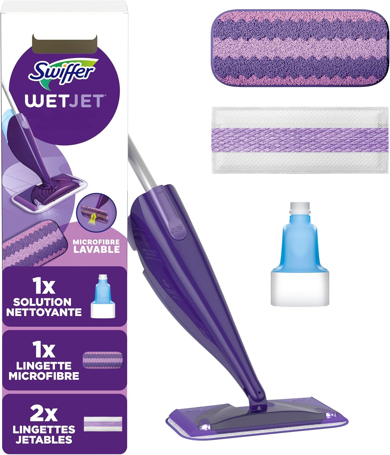 Swiffer WetJet – kit de démarrage pour sols (balai, lingette microfibre lavable, lingettes jetables, solution nettoyante)