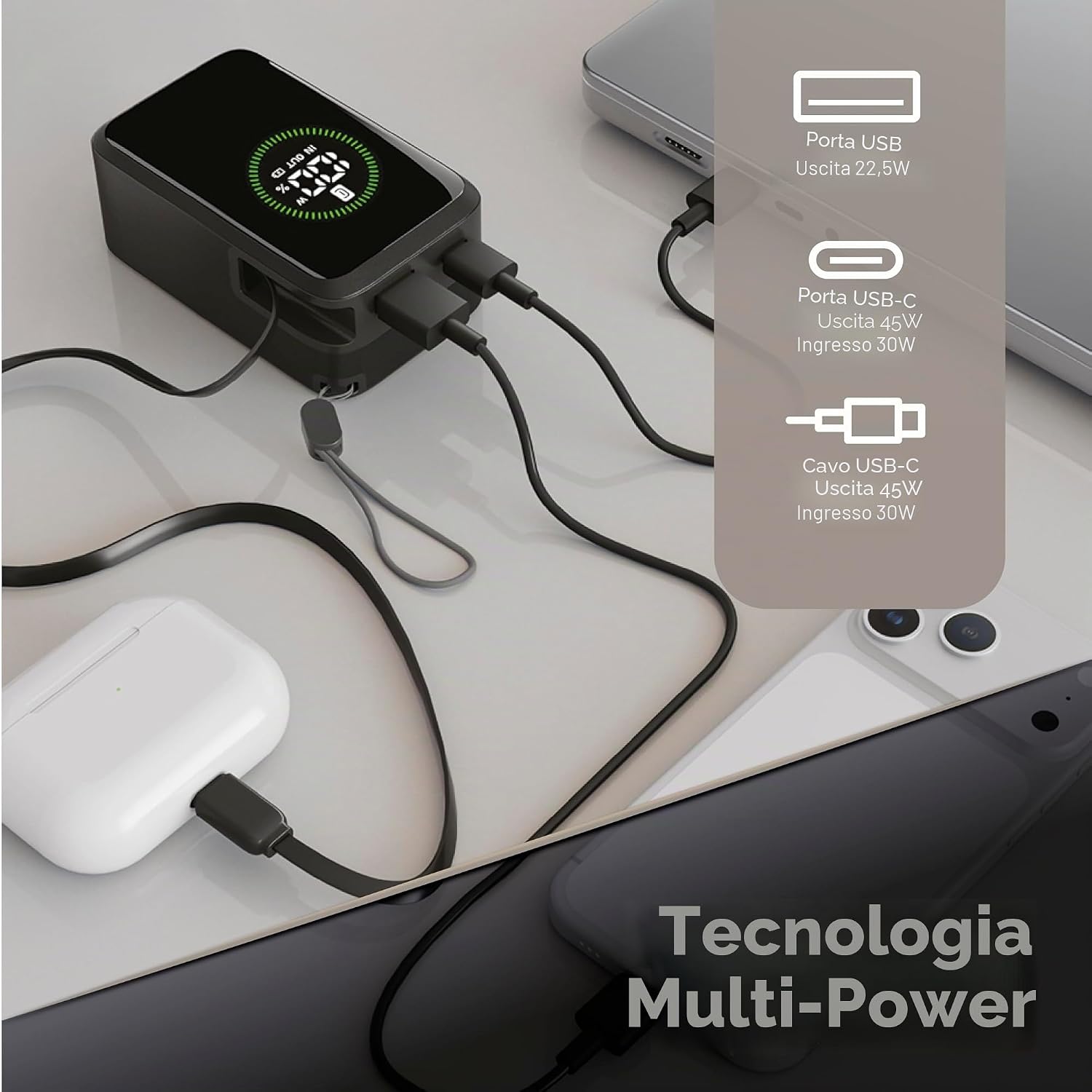 Detalle de Power bank Roller 10.000 mAh di Cellularline: ricarica ultrarapida 45 W con cavo retrattile e display LCD