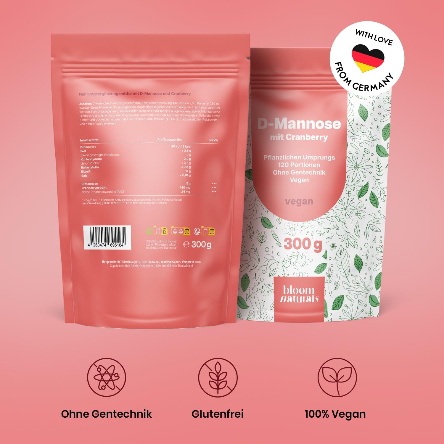 Detalle 2 de D-Mannose Pulver mit Cranberry (300 g) – hochdosiert, löslich in Wasser, vegan, laborgeprüft (produziert in Deutschland)
