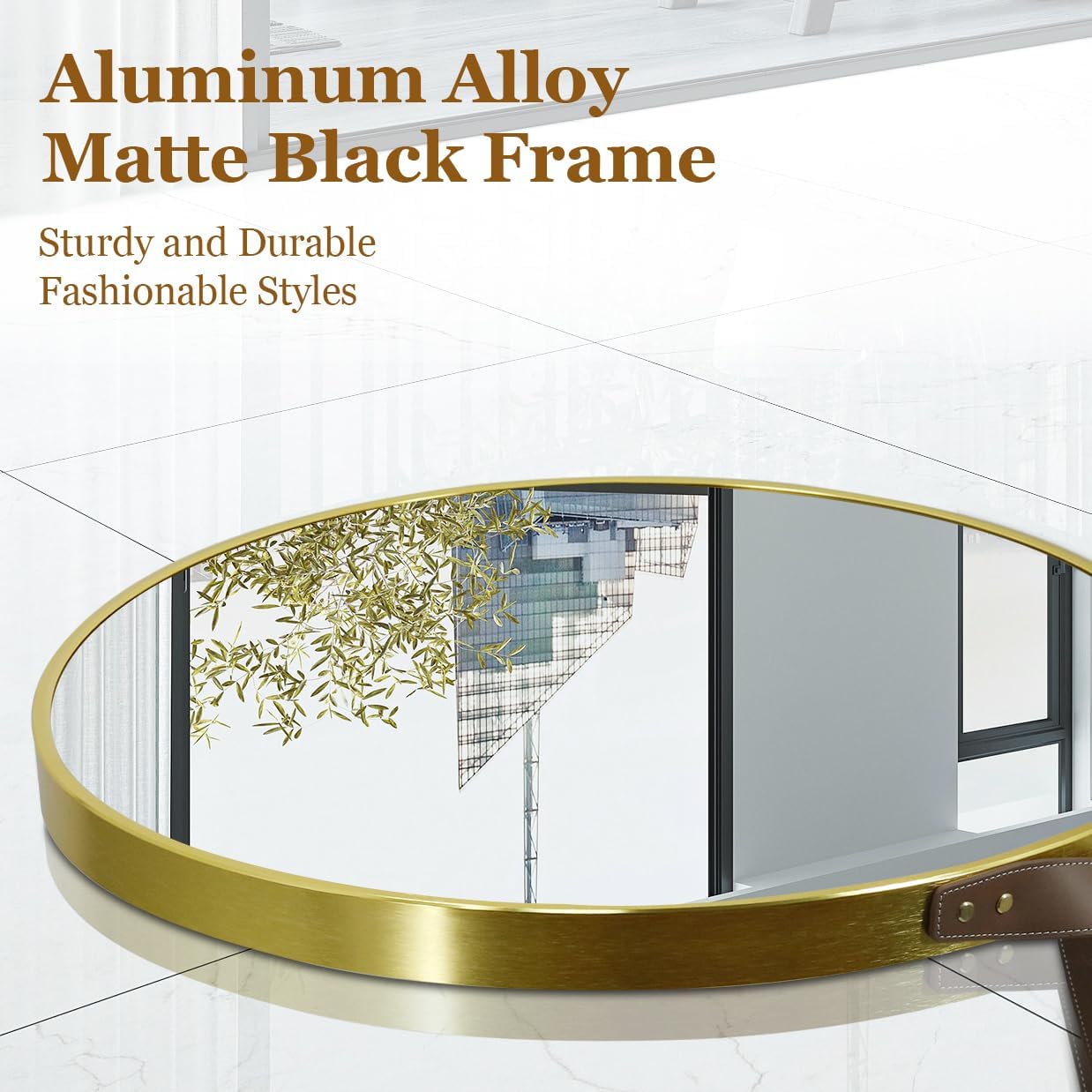 Detalle 2 de Artloge Spiegel Rund Gold 80 cm – Wandspiegel mit Metallrahmen und Lederband