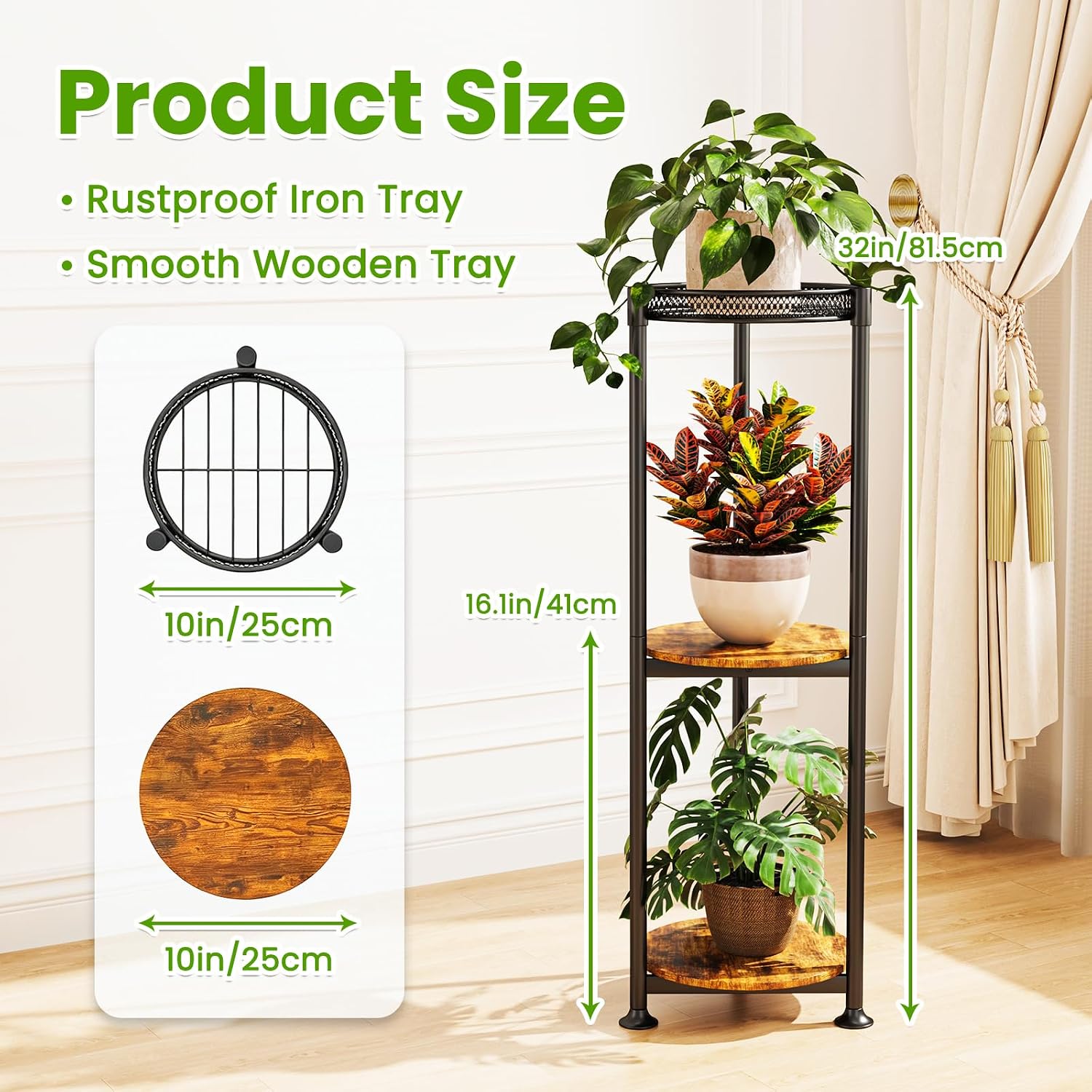 Detalle 2 de Atpddpey 3-Tier Plant Stand, Metal and Wood Corner Shelf