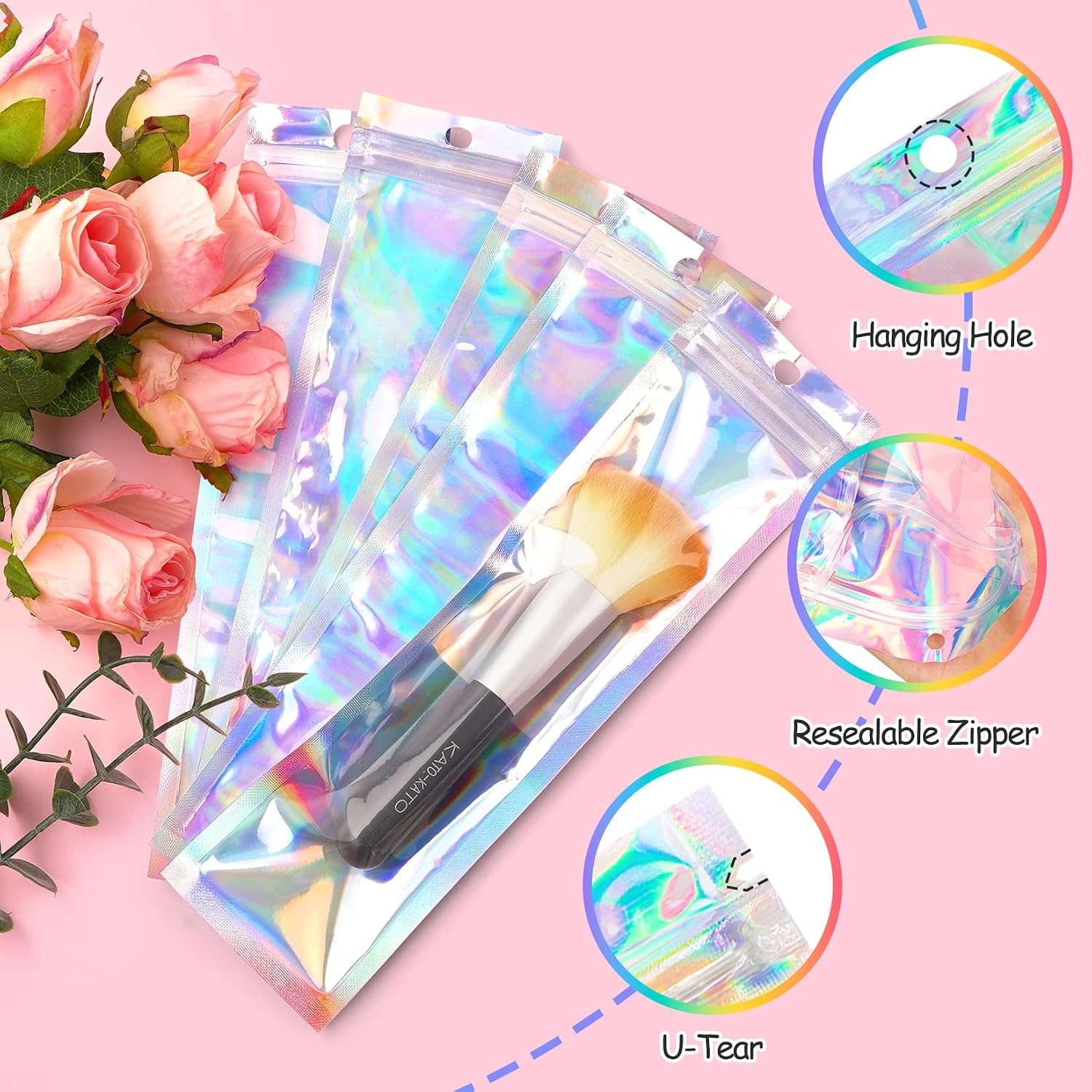 Thumbnail 3 de FUNFERY 100-xmas-GH Holographic Zipper Bags, 2.7 x 9 in, 100-Pack