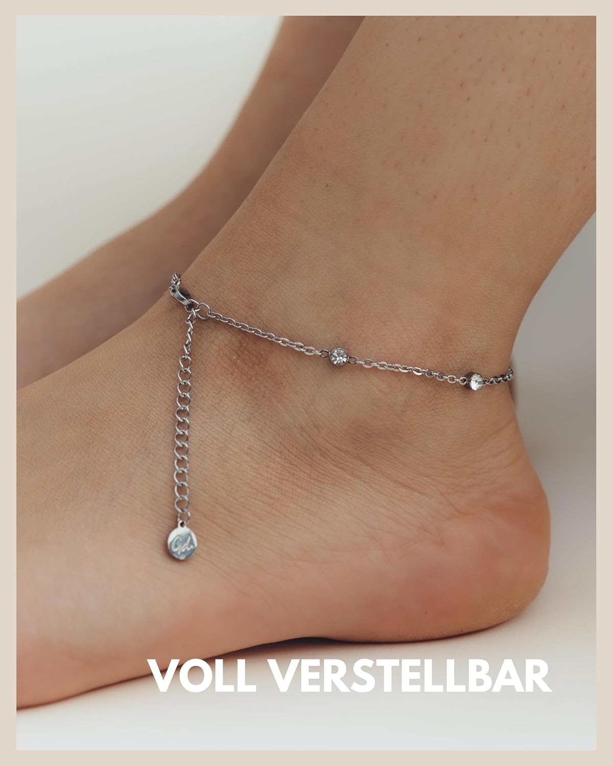 Detalle de Gd. GOOD.designs EST. 2015 Zirkonia-Fußkette für Damen – wasserfest, verstellbar (22–27 cm), Edelstahl 18K Gold & Silber