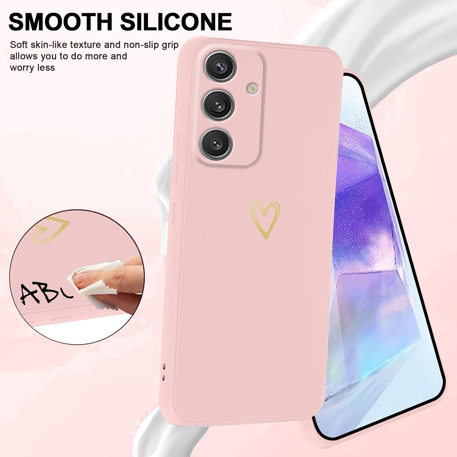Detalle de Oelrstfe Cover con Cordino per Samsung Galaxy A55 – Custodia silicone morbida con motivo cuore e catenella regolabile