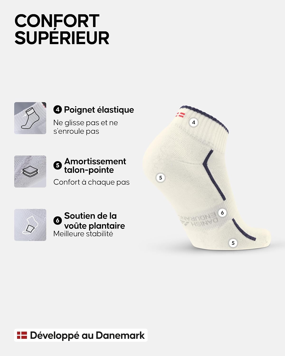 Thumbnail 3 de DANISH ENDURANCE Chaussettes sport en coton bio peigné (lot 3 ou 6) – respirantes et anti-ampoules