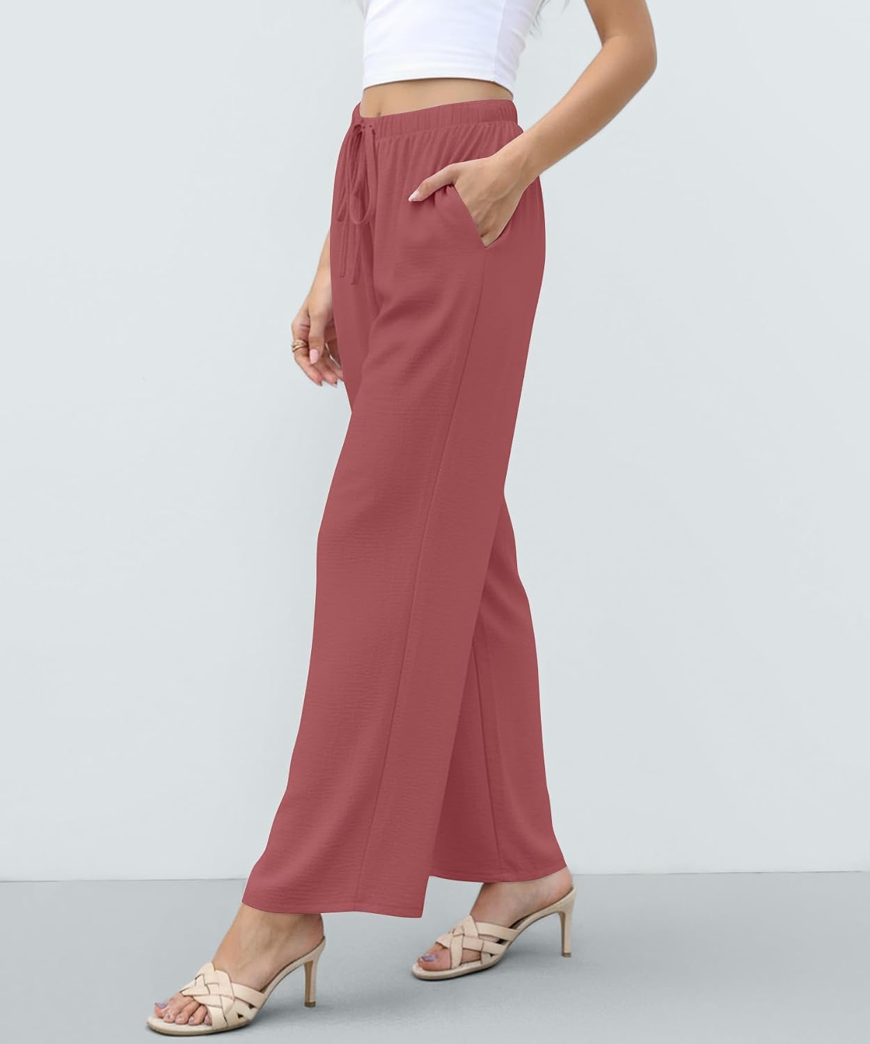 Detalle de YSYOKOW Women's Wide-Leg Pants in Crinkle-Textured Fabric