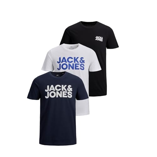Detalle de Jack&Jones Essentials: Pack de 3 camisetas masculinas en negro, azul marino y blanco
