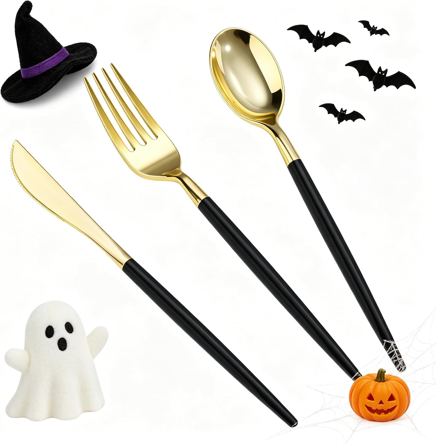 Detalle de Goodluck LJDCS-90/150 Black and Gold Disposable Plastic Cutlery Set, 150 Pieces